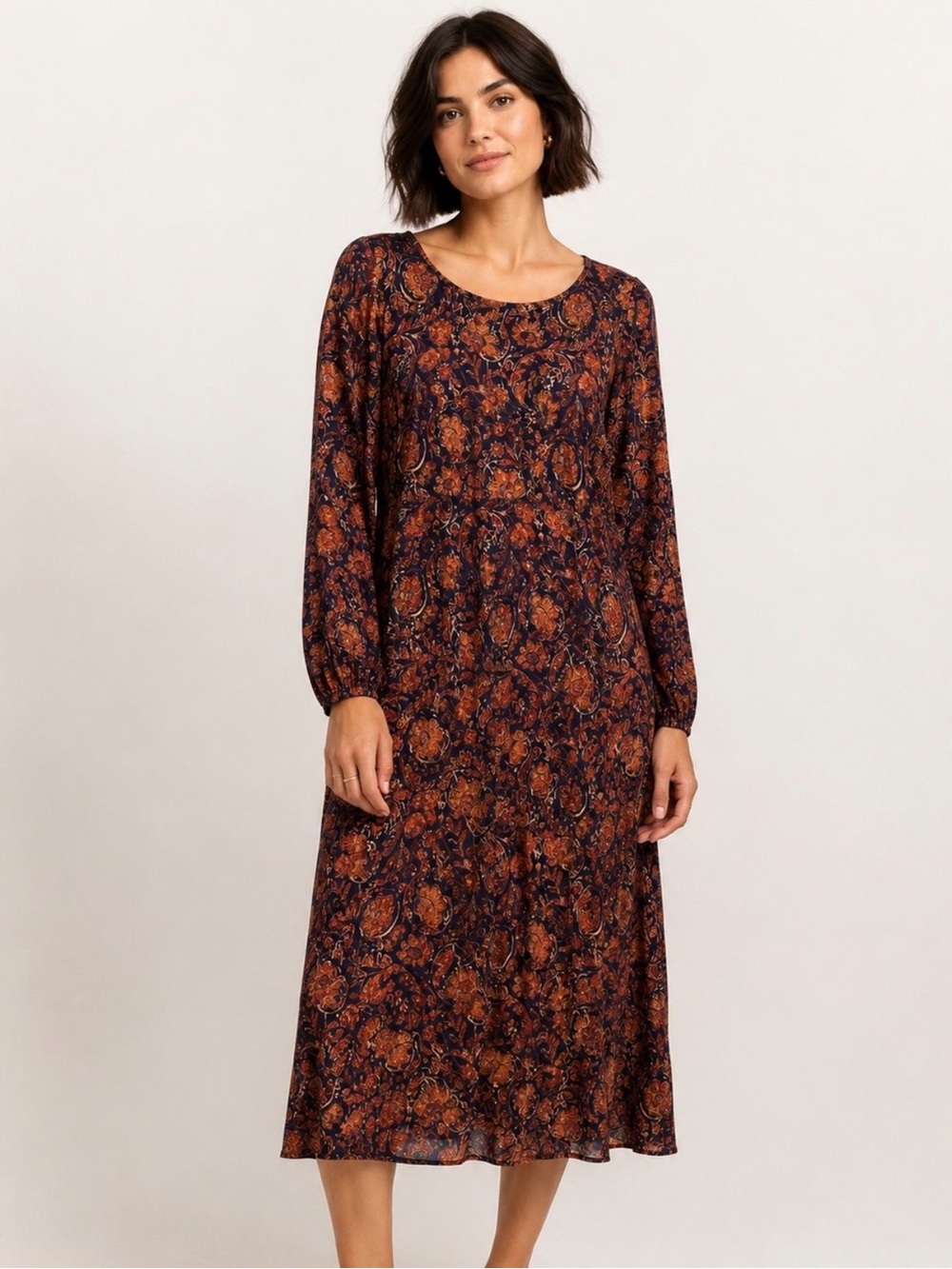 Peruvian Connection Floral Print Midi Dress Blue/Burnt Orange Size Large